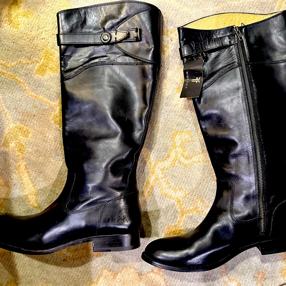 Size 10,New Frye Leather Boots, Black, Authentic Frye, wider calf, never worn.